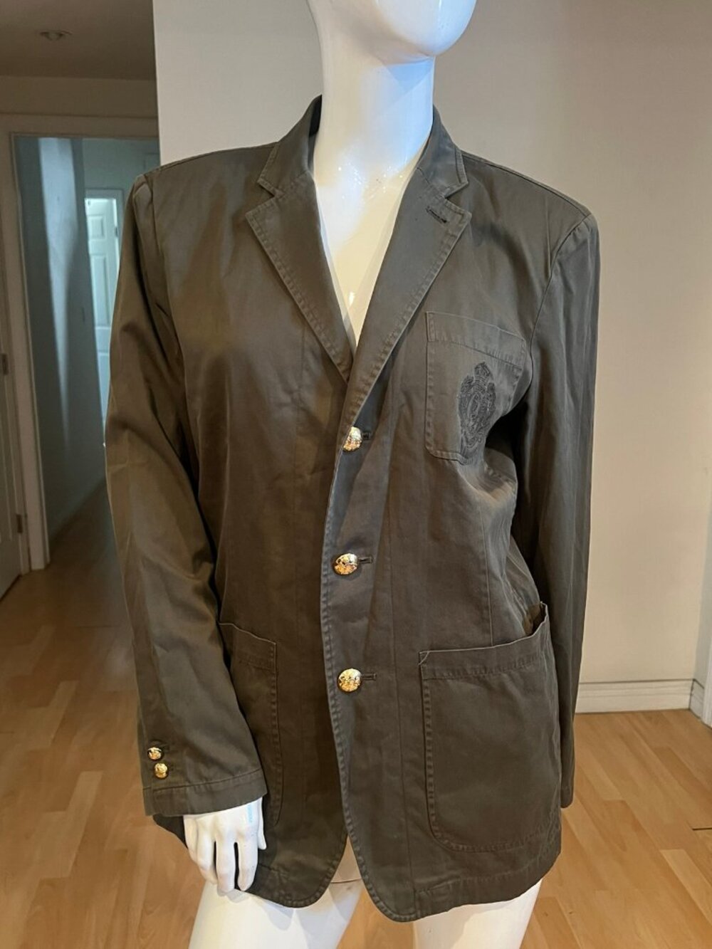LAUREN RALPH LAUREN COTTON BLAZER CREST JACKET SZ L LARGE ARMY GREEN